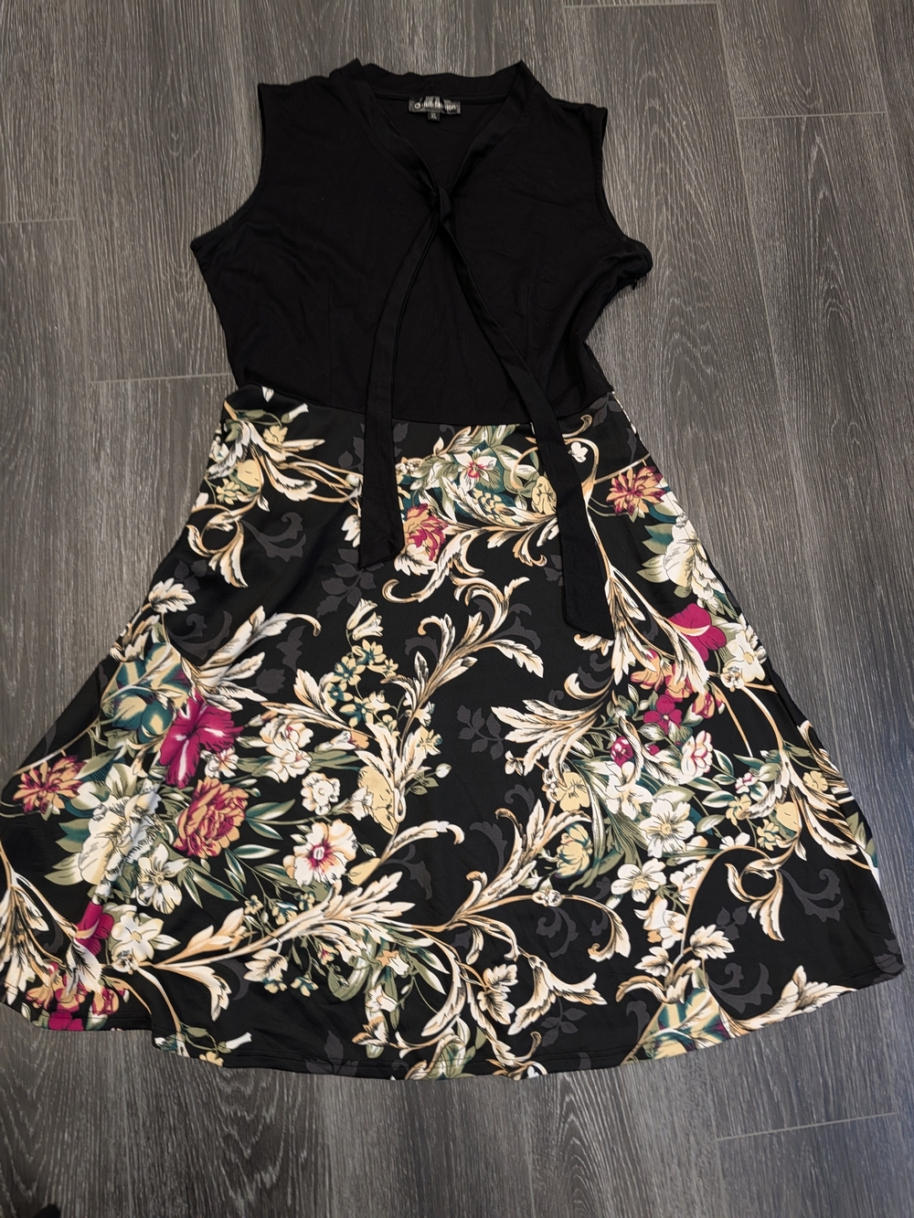 Black Floral A-Line Dress with Tie Neck